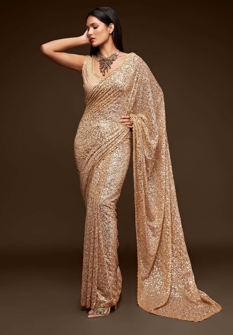 Ivory georgette saree with thread & multiple sequins embroidery