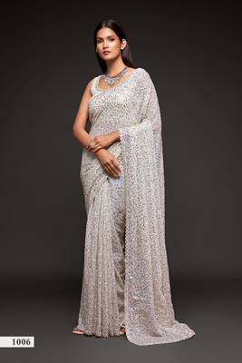 White georgette saree with thread & multiple sequins embroidery 5