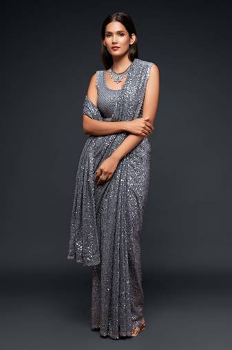 Grey georgette saree with thread & multiple sequins embroidery
