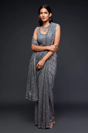 Grey georgette saree with thread & multiple sequins embroidery