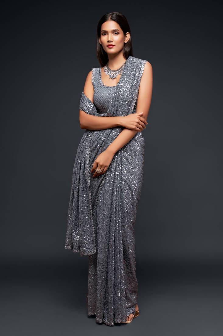 Grey georgette saree with thread & multiple sequins embroidery