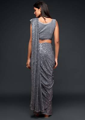 Grey georgette saree with thread & multiple sequins embroidery 2