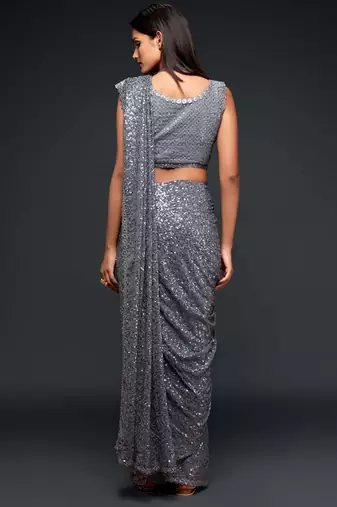 Grey georgette saree with thread & multiple sequins embroidery
