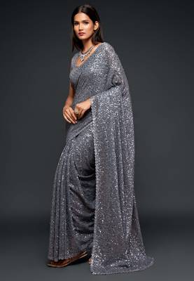 Grey georgette saree with thread & multiple sequins embroidery 3