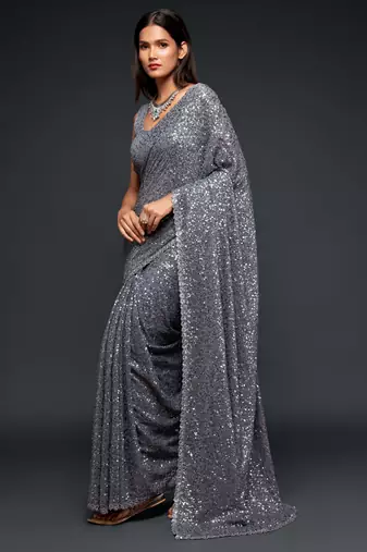 Grey georgette saree with thread & multiple sequins embroidery