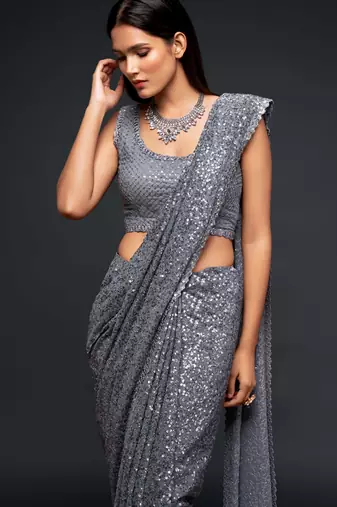 Grey georgette saree with thread & multiple sequins embroidery