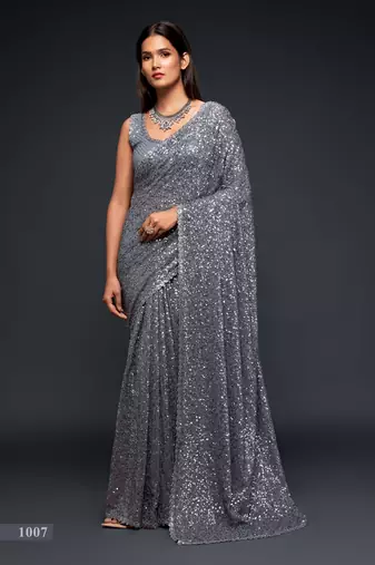 Grey georgette saree with thread & multiple sequins embroidery