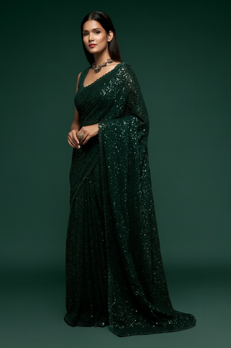 Dark green georgette saree with thread & multiple sequins embroidery