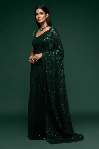Dark green georgette saree with thread & multiple sequins embroidery