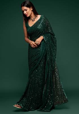Dark green georgette saree with thread & multiple sequins embroidery 2