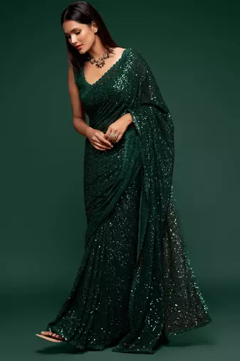 Dark green georgette saree with thread & multiple sequins embroidery