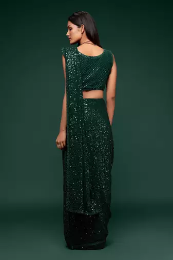Dark green georgette saree with thread & multiple sequins embroidery