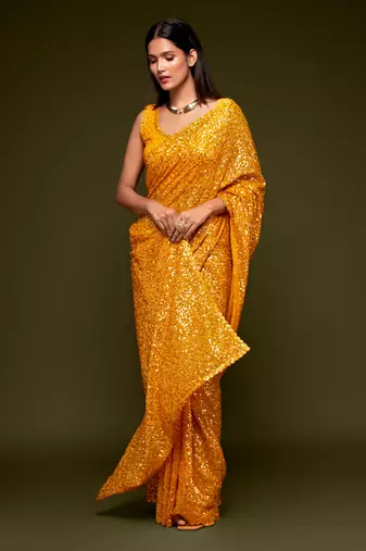 Yellow georgette saree with thread & multiple sequins embroidery