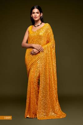 Yellow georgette saree with thread & multiple sequins embroidery 4