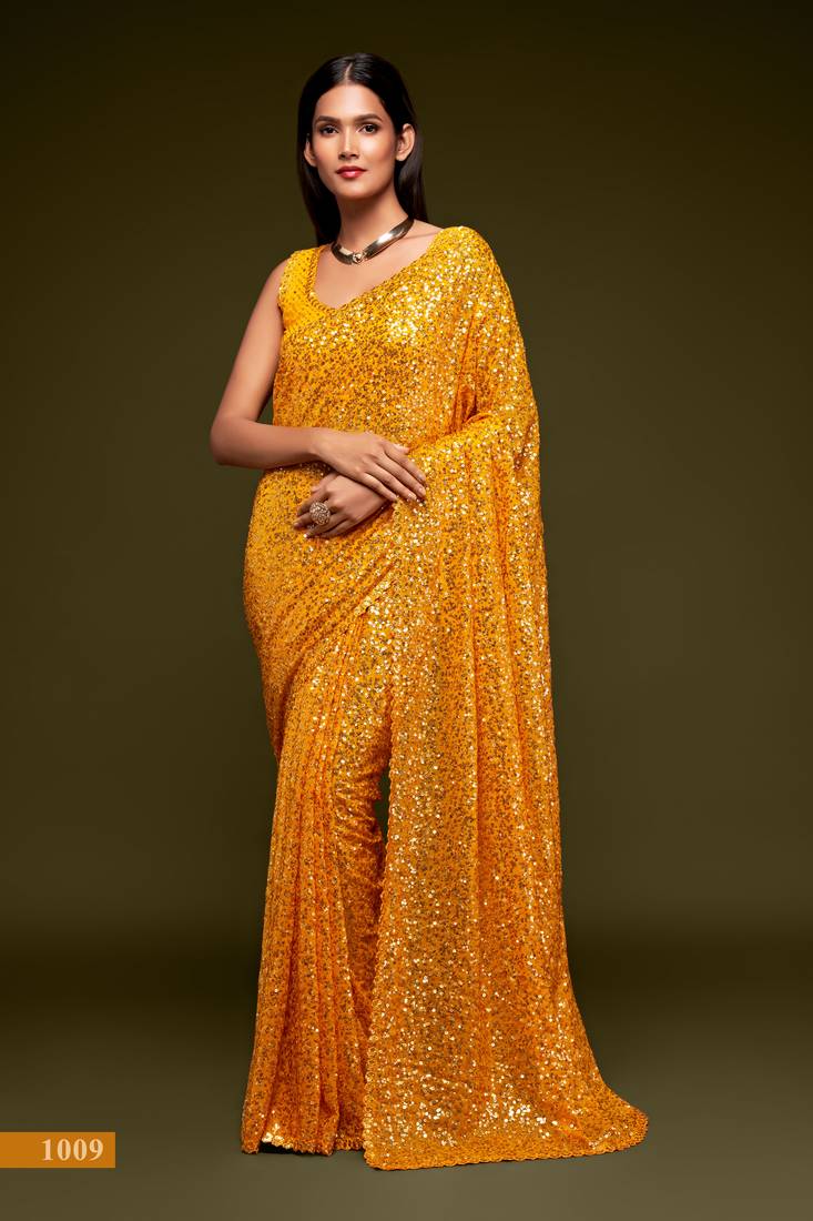 Yellow georgette saree with thread & multiple sequins embroidery