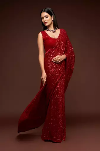 Red georgette saree with thread & multiple sequins embroidery