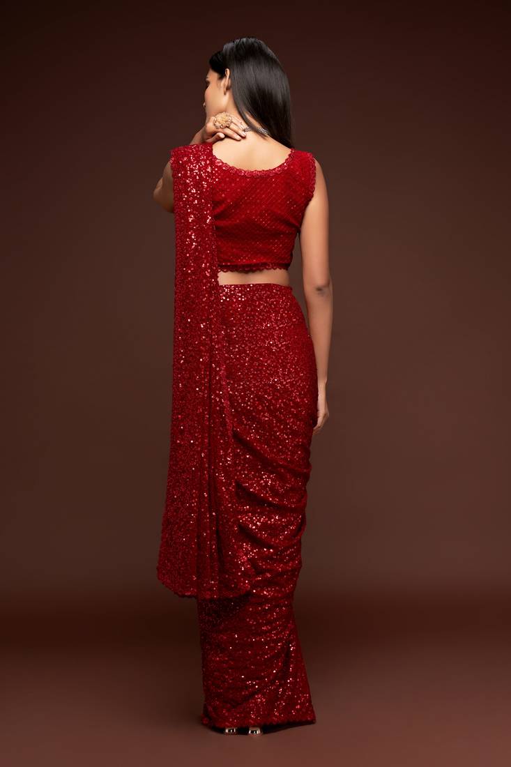 Red georgette saree with thread & multiple sequins embroidery