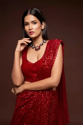 Red georgette saree with thread & multiple sequins embroidery