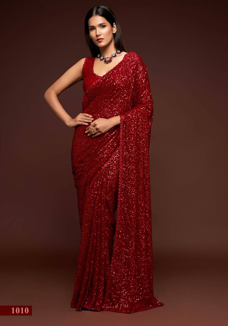 Red georgette saree with thread & multiple sequins embroidery