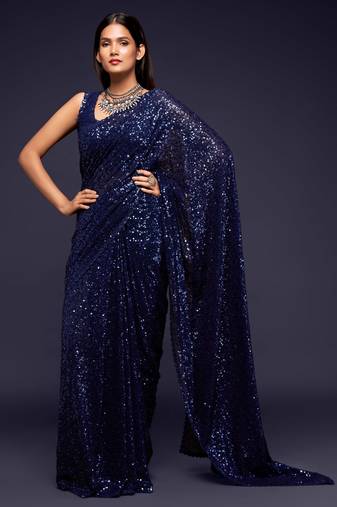 Navy blue georgette saree with thread & multiple sequins embroidery