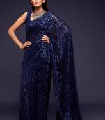Navy blue georgette saree with thread & multiple sequins embroidery