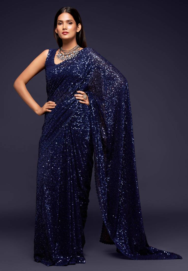 Navy blue georgette saree with thread & multiple sequins embroidery