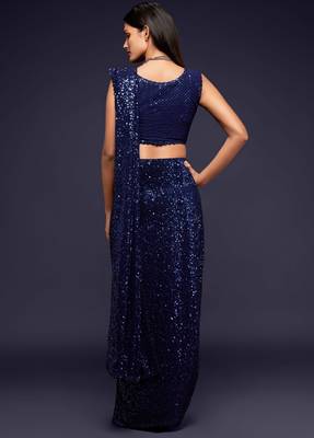 Navy blue georgette saree with thread & multiple sequins embroidery 2