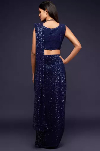 Navy blue georgette saree with thread & multiple sequins embroidery