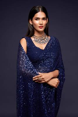 Navy blue georgette saree with thread & multiple sequins embroidery 3