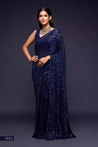 Navy blue georgette saree with thread & multiple sequins embroidery