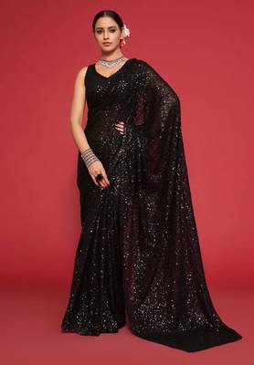 Black georgette saree with thread & multiple sequins embroidery 1