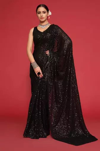 Black georgette saree with thread & multiple sequins embroidery