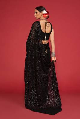 Black georgette saree with thread & multiple sequins embroidery 2
