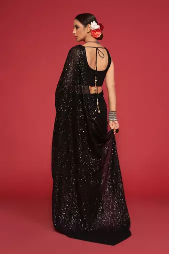 Black georgette saree with thread & multiple sequins embroidery