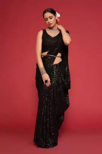 Black georgette saree with thread & multiple sequins embroidery
