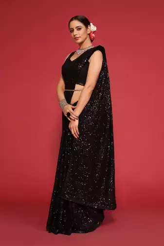 Black georgette saree with thread & multiple sequins embroidery