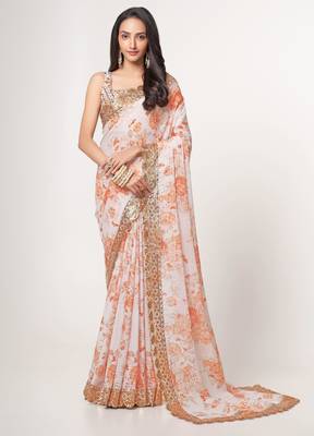 White organza saree with sequins embroidery & floral digital print 1
