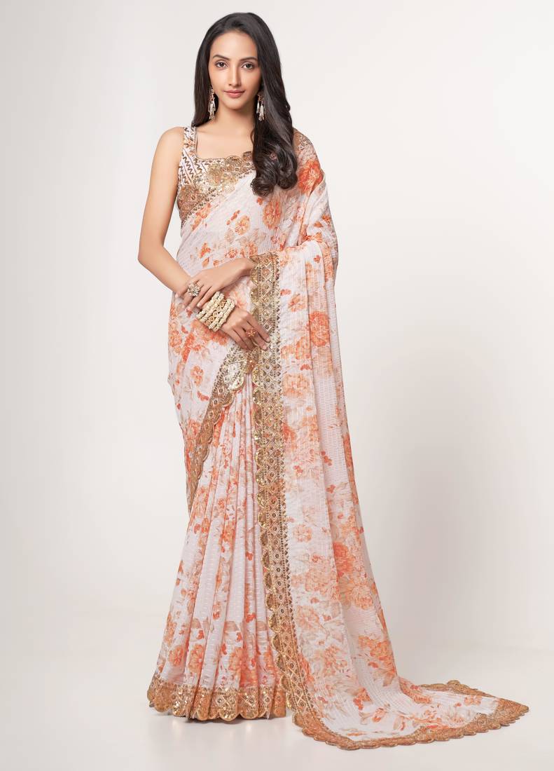 White organza saree with sequins embroidery & floral digital print