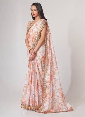 White organza saree with sequins embroidery & floral digital print 3