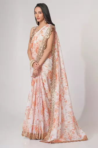 White organza saree with sequins embroidery & floral digital print