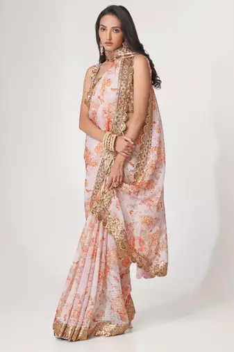 White organza saree with sequins embroidery & floral digital print