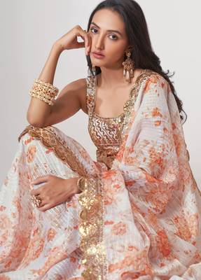 White organza saree with sequins embroidery & floral digital print 5