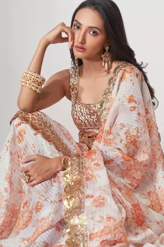 White organza saree with sequins embroidery & floral digital print