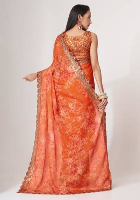 Orange organza saree with sequins embroidery & floral digital print 2