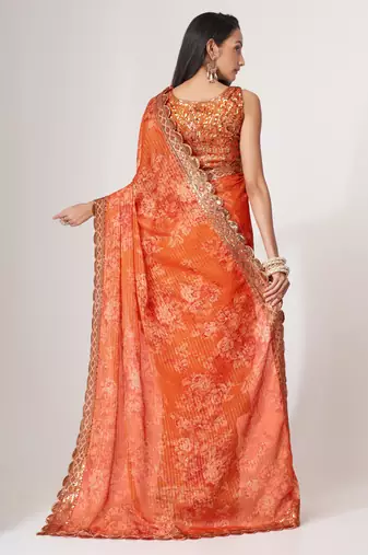 Orange organza saree with sequins embroidery & floral digital print