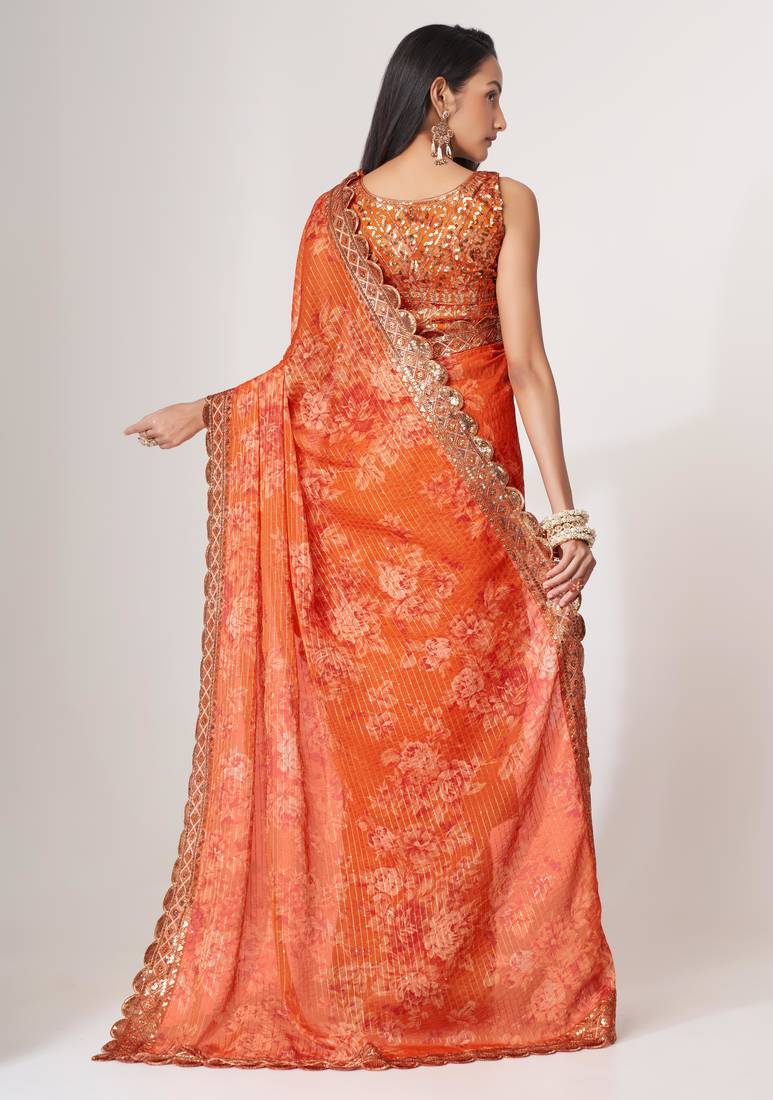 Orange organza saree with sequins embroidery & floral digital print