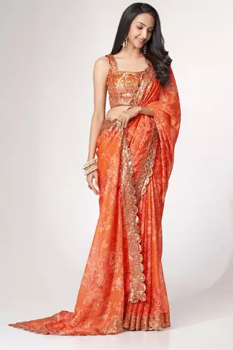 Orange organza saree with sequins embroidery & floral digital print