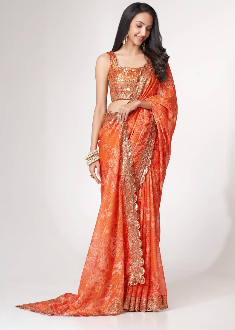 Orange organza saree with sequins embroidery & floral digital print
