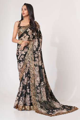 Black organza saree with sequins embroidery & floral digital print