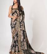 Black organza saree with sequins embroidery & floral digital print